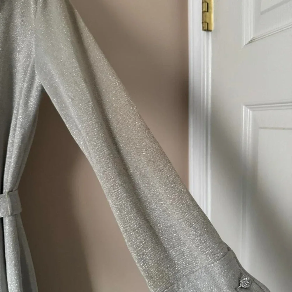 70s Silver Lurex Maxi Dress Disco Metallic Showgirl Shirt Collar Medium Vintage - Picture 8 of 9